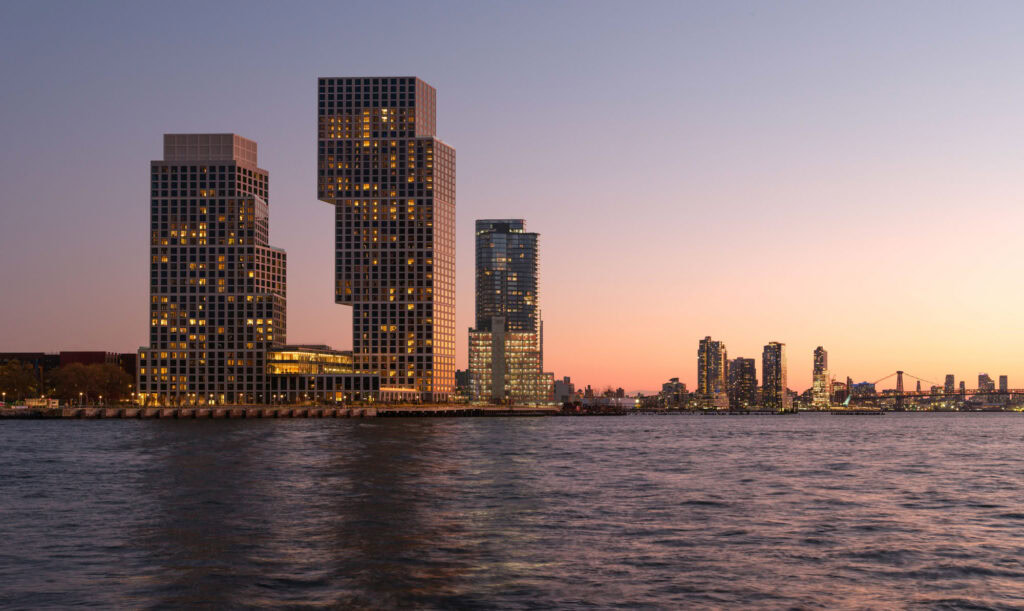 The exterior of Eagle + West apartments in Greenpoint Landing in Brooklyn, New York.