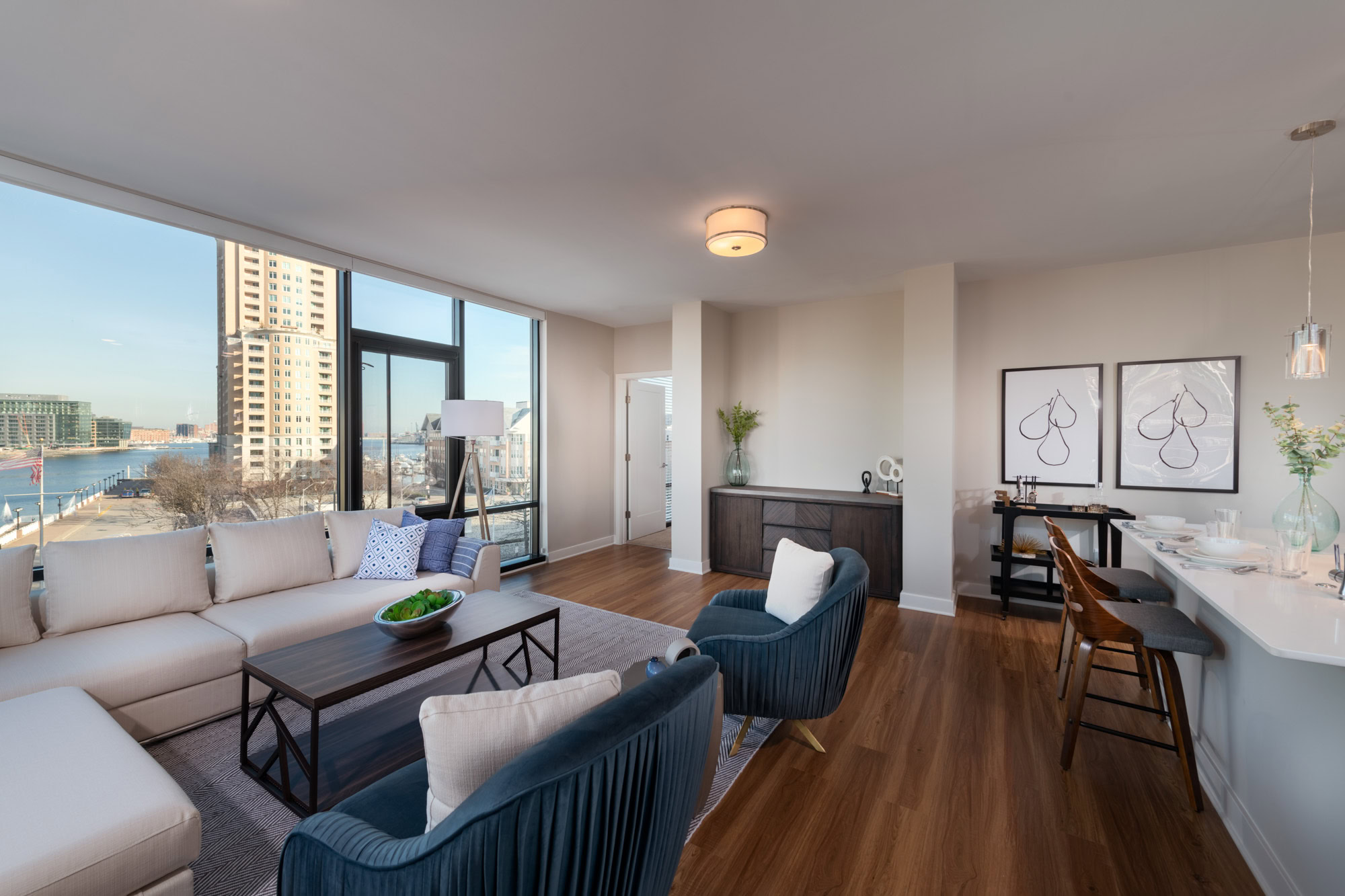 The living area in an apartment at 1110 Key Federal Hill in Baltimore, Maryland.