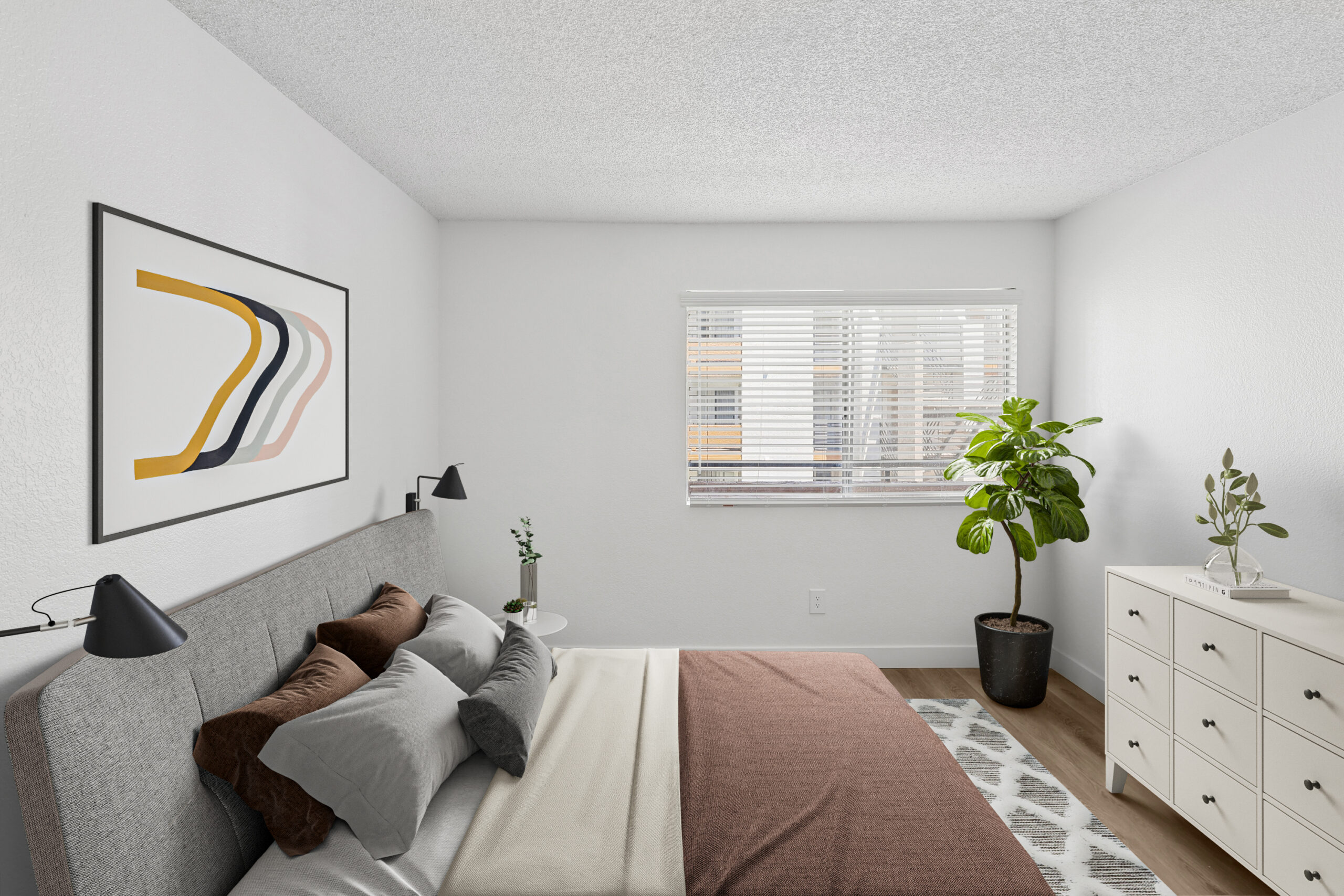 Bright Meadow Glen apartment bedroom featuring wood-style flooring, a large window, and ample space for a bed and dresser.
