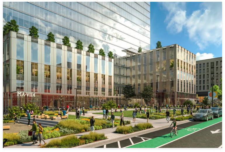 exterior rendering showing storefronts and people on the sidewalk and in green space