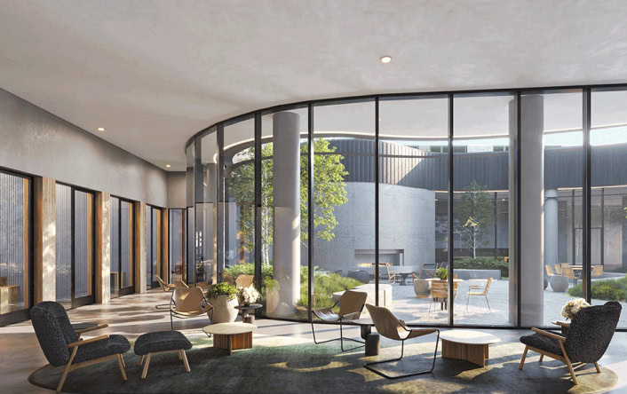 modern apartment lobby with seating areas and large floor to ceiling windows