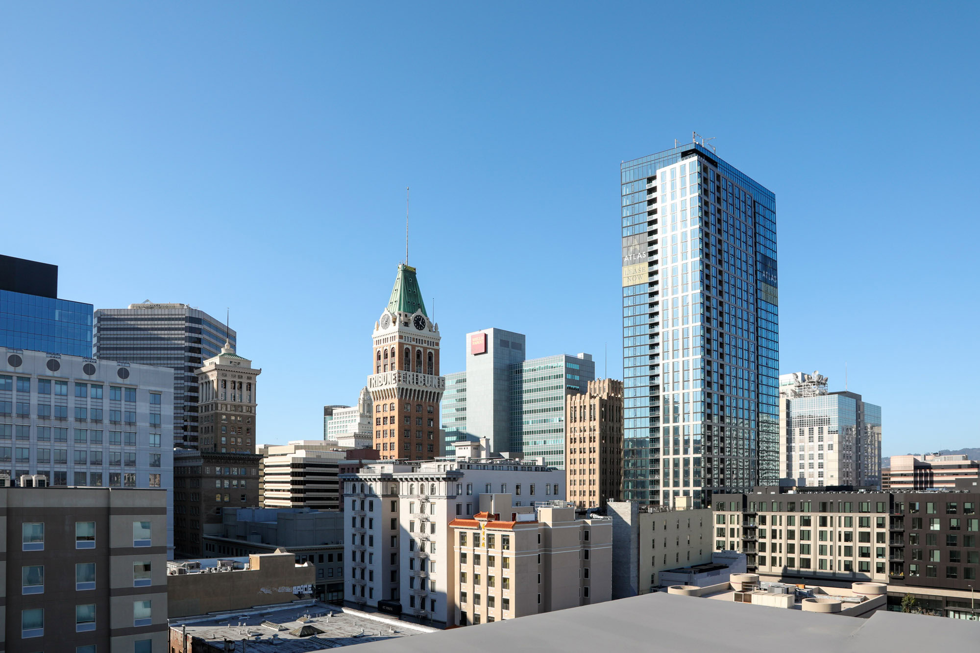 Views of the city skyline in downtown Oakland from Webster Eleven apartments