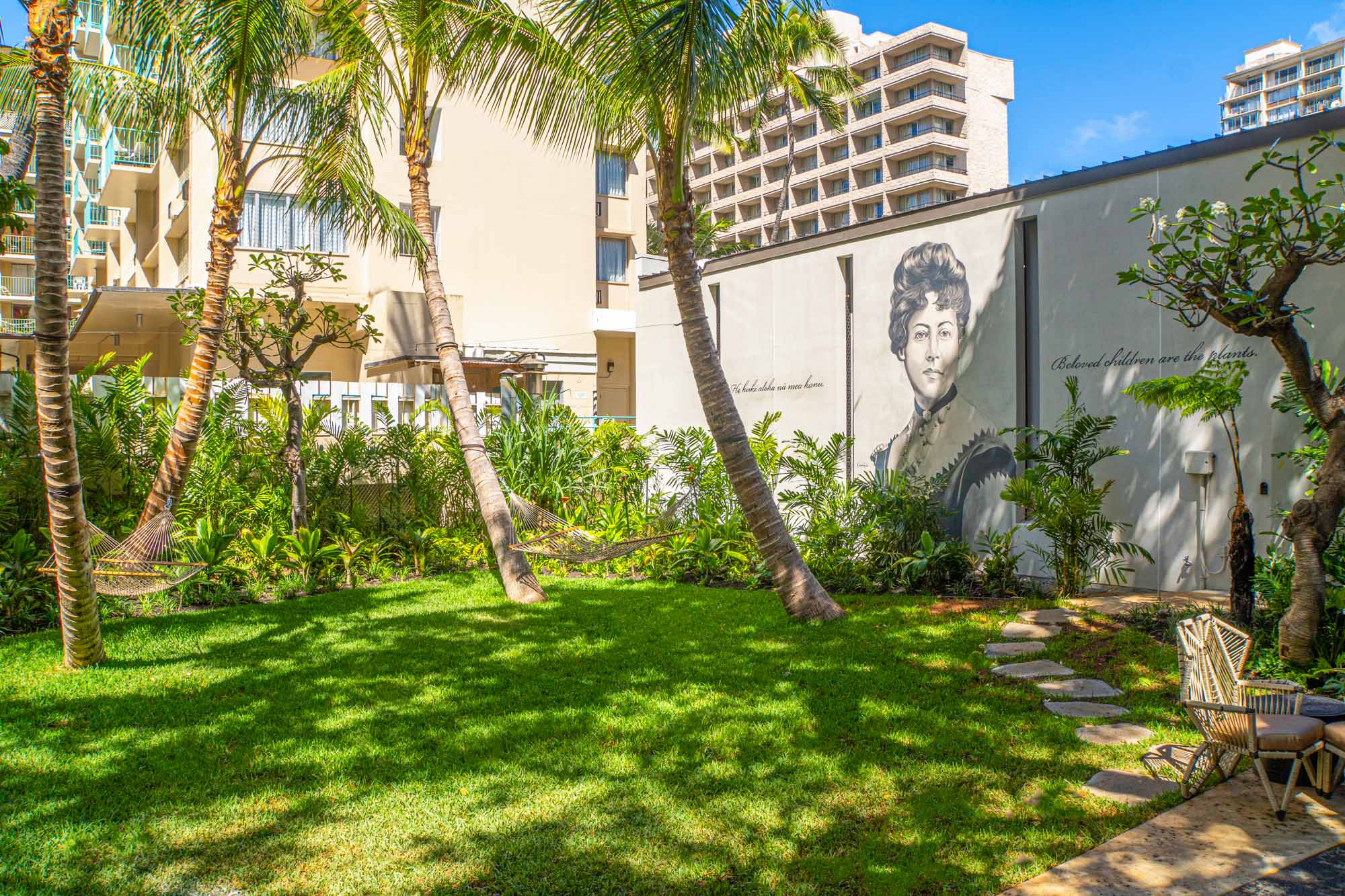 Image shows hammocks stung between palm trees in a vibrant backyard area.