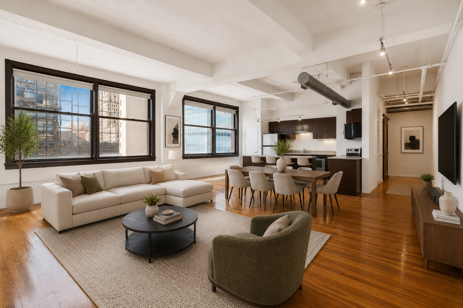 THE WILSON living room with large windows and hardwood style flooring.