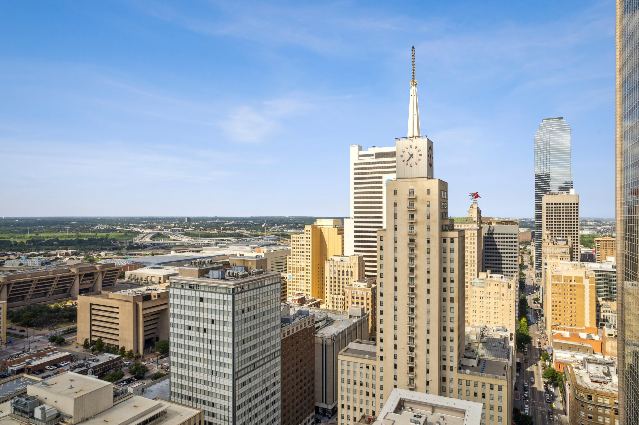 City views of the Dallas skyline in from The Merc apartments in Mercantile Place in Dallas TX