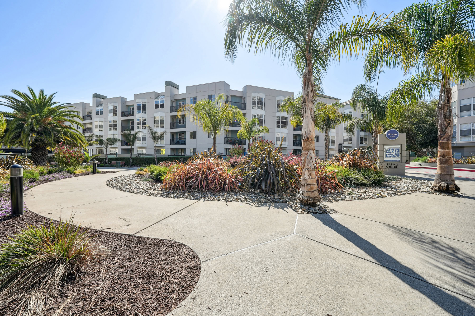 Modern four-story apartment building surrounded by palm trees and lush landscaping. A sunny, welcoming pathway leads to the entrance.