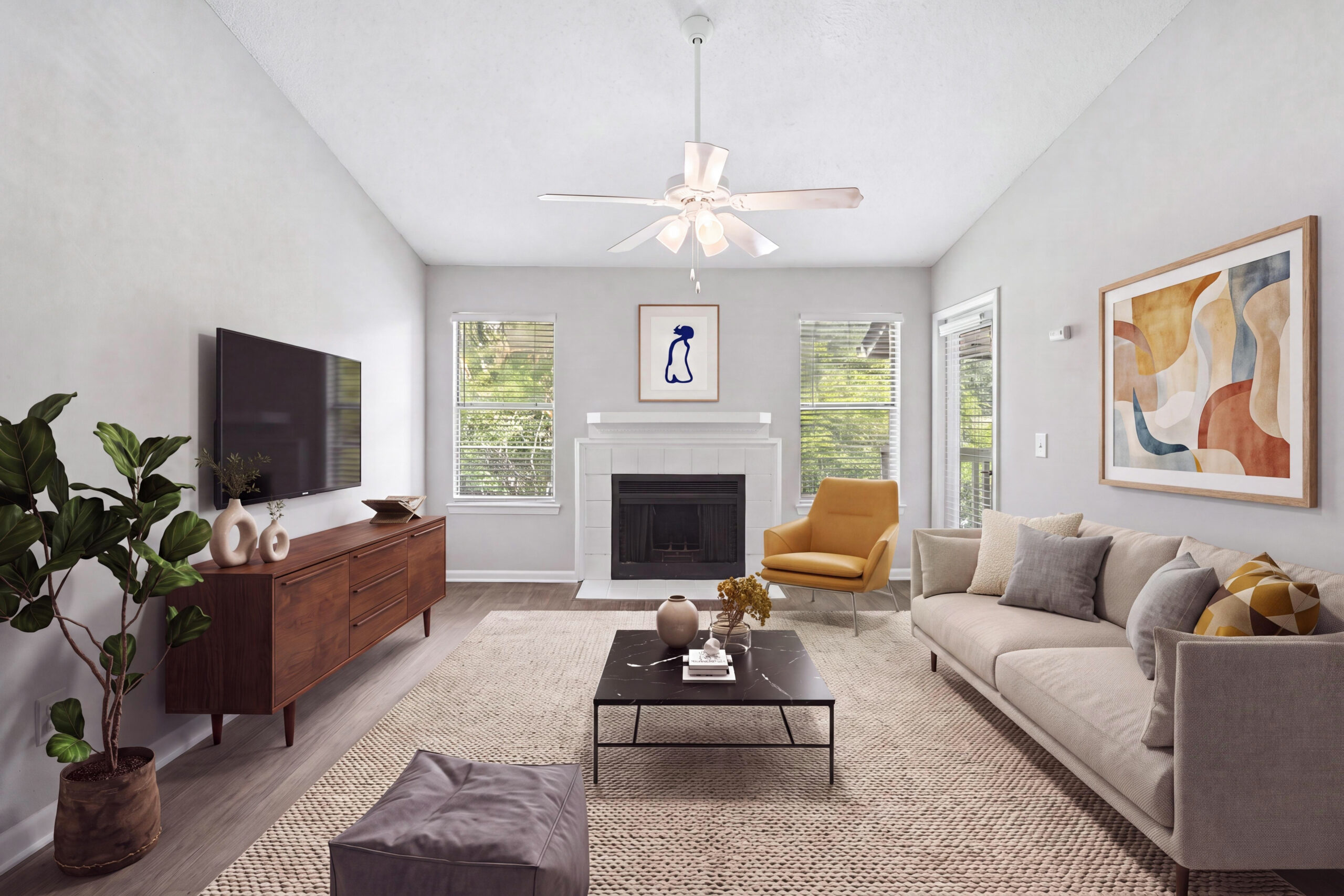 Modern, renovated living room with balcony and natural lighting
