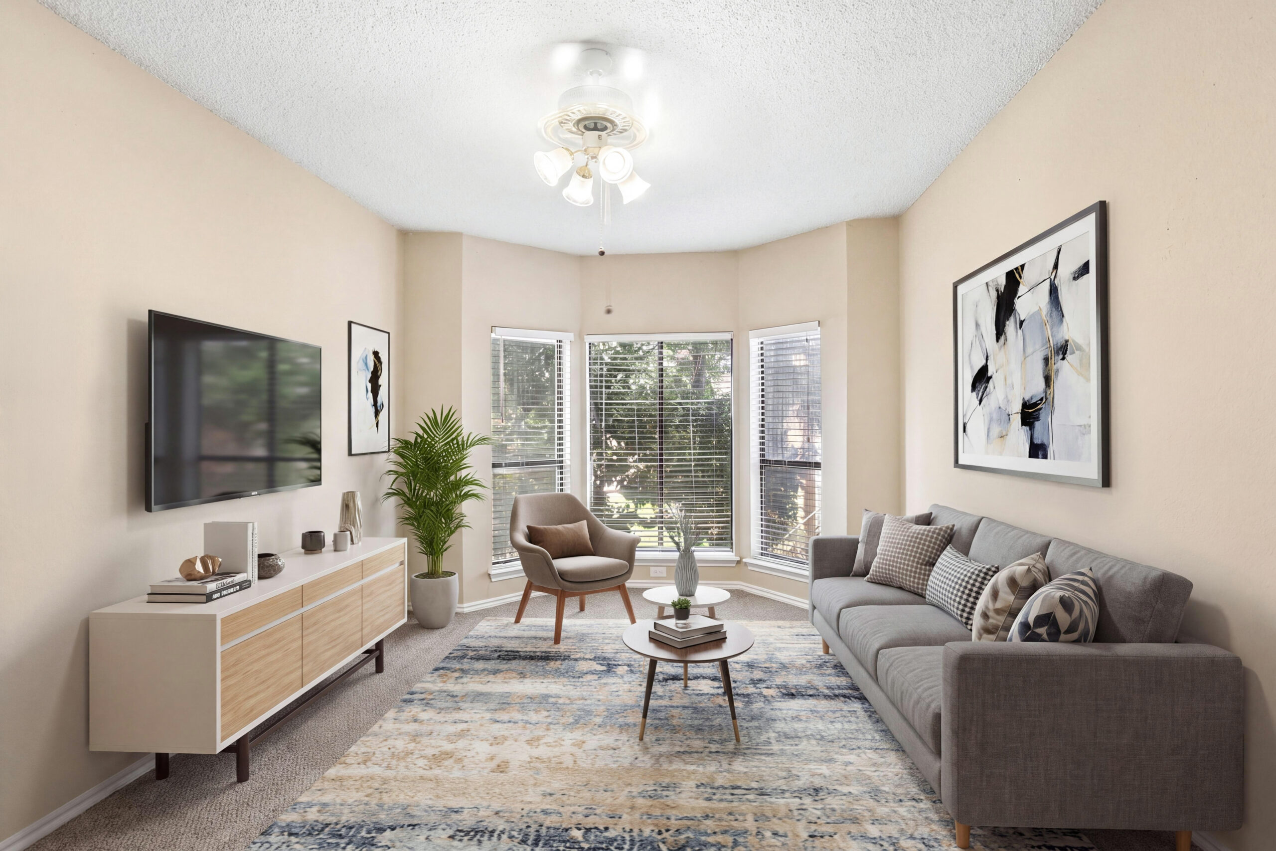 Lake village west classic living room with furniture and plush carpeting.