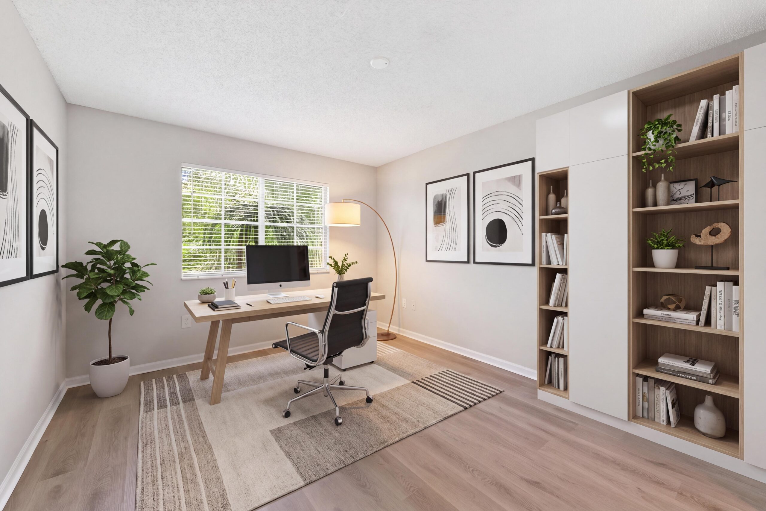 Office space with natural lighting and plank flooring